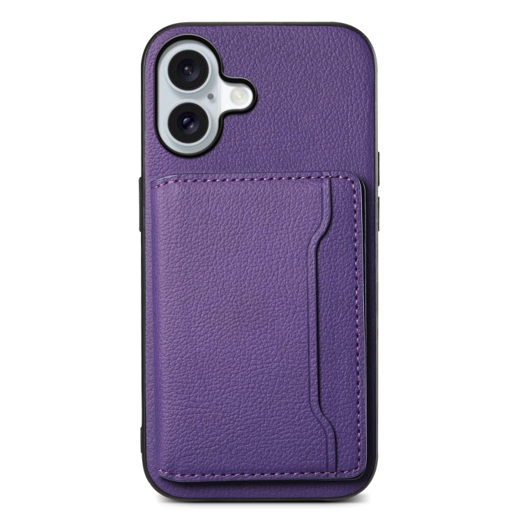 For iPhone 16 Calf Texture Card Bag Design Full Coverage Phone Case(Purple) - iPhone 16 Cases by PMC TechLife | Online Shopping South Africa | PMC TechLife | Buy Now Pay Later Mobicred