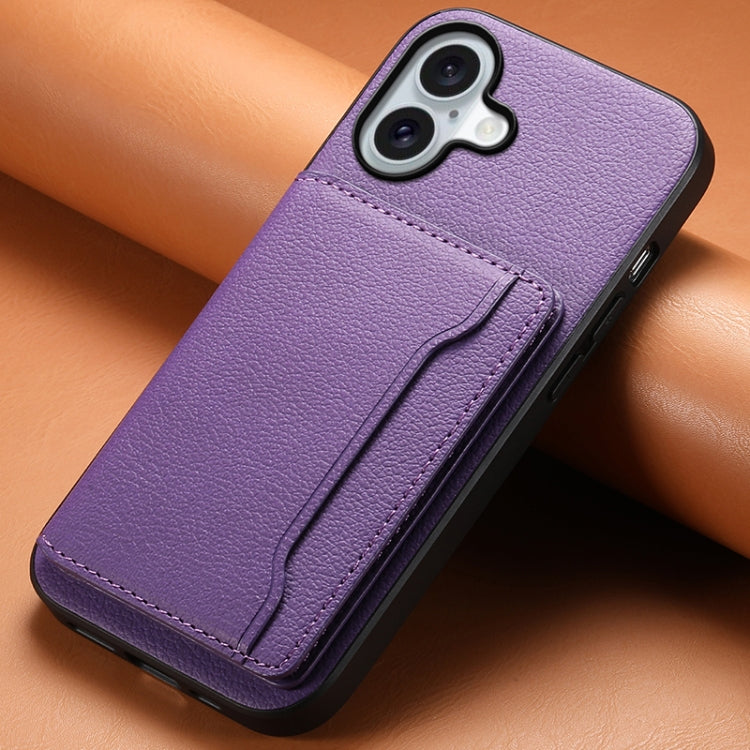 For iPhone 16 Calf Texture Card Bag Design Full Coverage Phone Case(Purple) - iPhone 16 Cases by PMC TechLife | Online Shopping South Africa | PMC TechLife | Buy Now Pay Later Mobicred