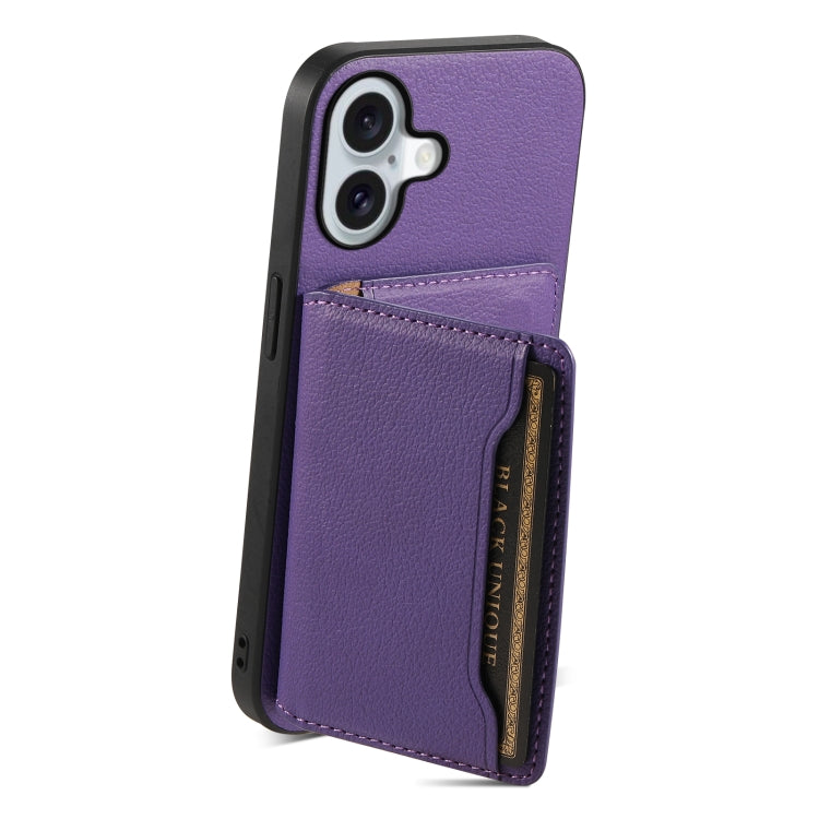 For iPhone 16 Calf Texture Card Bag Design Full Coverage Phone Case(Purple) - iPhone 16 Cases by PMC TechLife | Online Shopping South Africa | PMC TechLife | Buy Now Pay Later Mobicred