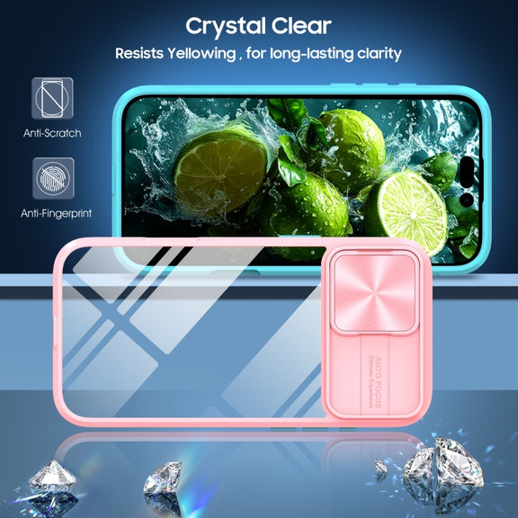 For iPhone 16 Sliding Camshield Acrylic Hybrid TPU Phone Case(Pink Cyan)