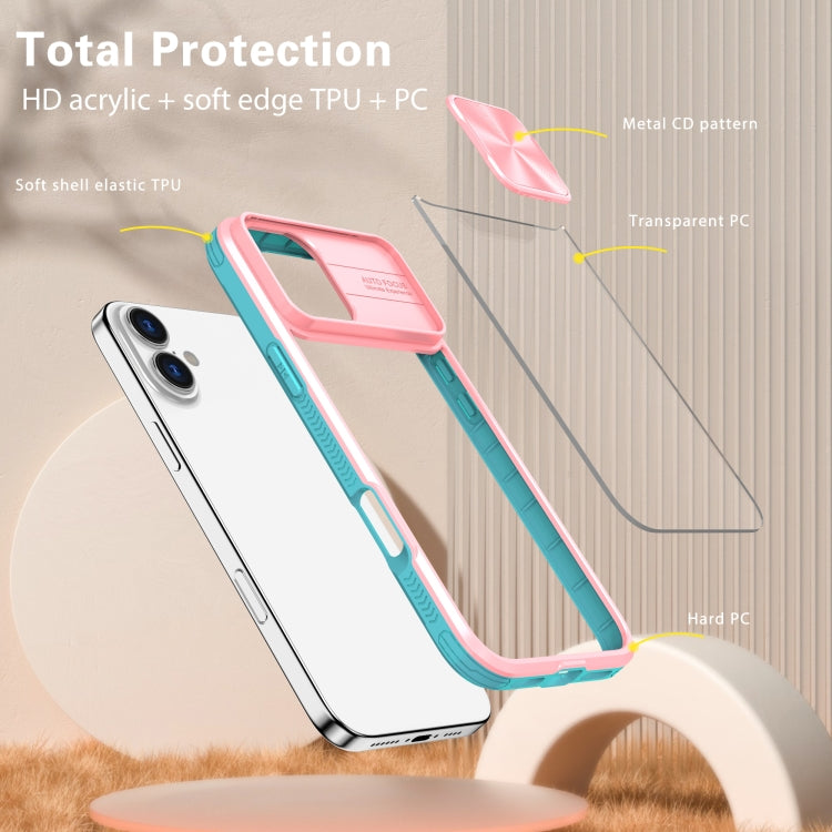 For iPhone 16 Sliding Camshield Acrylic Hybrid TPU Phone Case(Pink Cyan) - iPhone 16 Cases by PMC TechLife | Online Shopping South Africa | PMC TechLife | Buy Now Pay Later Mobicred