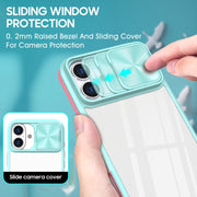 For iPhone 16 Sliding Camshield Acrylic Hybrid TPU Phone Case(Blue Pink)