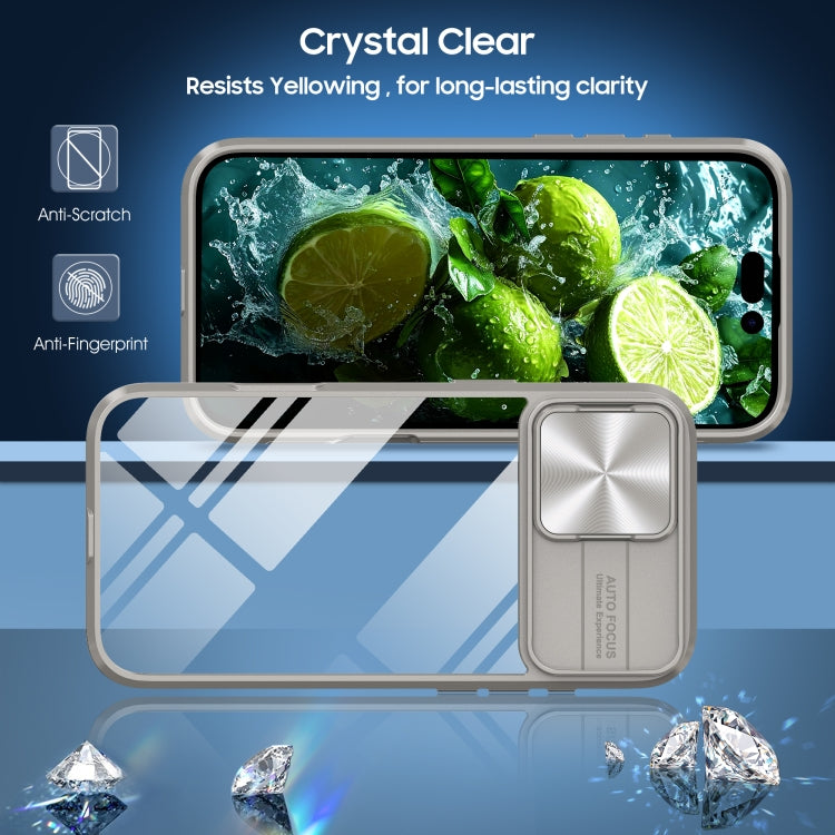 For iPhone 16 Sliding Camshield Acrylic Hybrid TPU Phone Case(Grey) - More iPhone Cases by PMC TechLife | Online Shopping South Africa | PMC TechLife | Buy Now Pay Later Mobicred