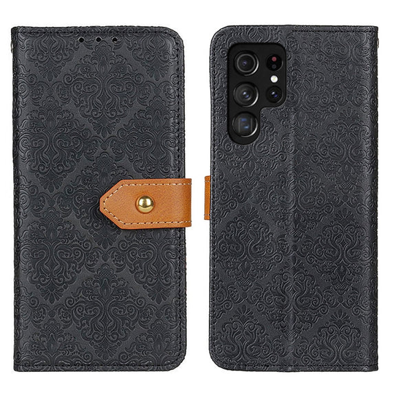 For Samsung Galaxy S25 Ultra 5G European Floral Embossed Leather Phone Case(Black)