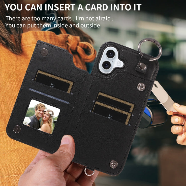 For iPhone 16 Plus Rhombic Texture Card Bag Phone Case with Short Lanyard(Black) - free shipping - PMC Jewellery - Order now!