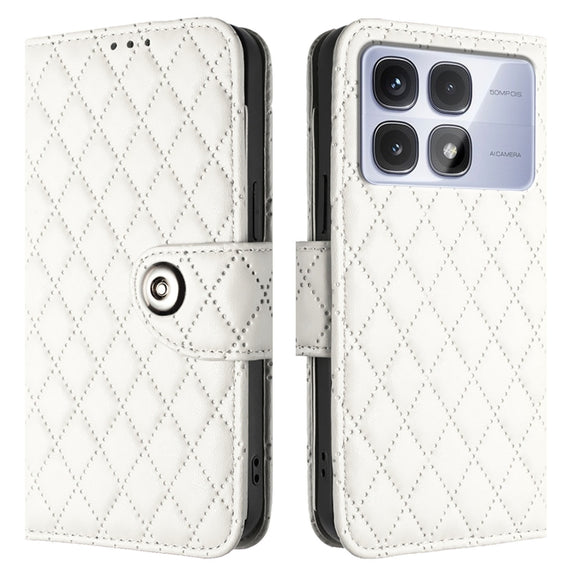 For Redmi K70 Ultra 5G Global Rhombic Texture Flip Leather Phone Case with Lanyard(White)