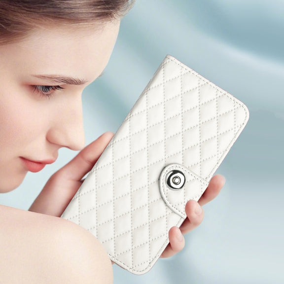 For Redmi K70 Ultra 5G Global Rhombic Texture Flip Leather Phone Case with Lanyard(White)