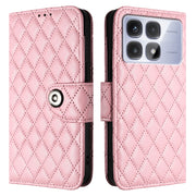 For Redmi K70 Ultra 5G Global Rhombic Texture Flip Leather Phone Case with Lanyard(Pink)