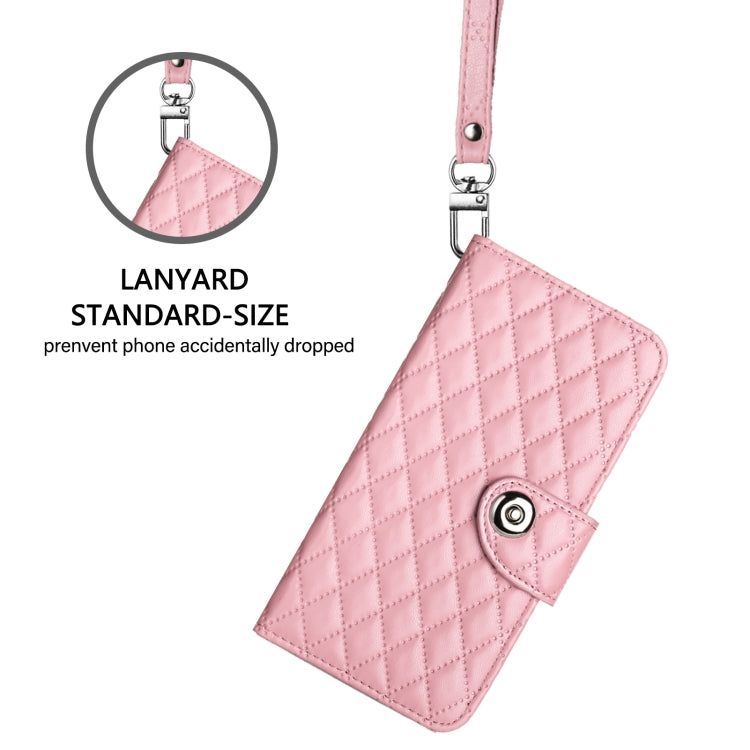 For Redmi K70 Ultra 5G Global Rhombic Texture Flip Leather Phone Case with Lanyard(Pink)