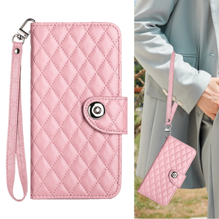 For Redmi K70 Ultra 5G Global Rhombic Texture Flip Leather Phone Case with Lanyard(Pink)