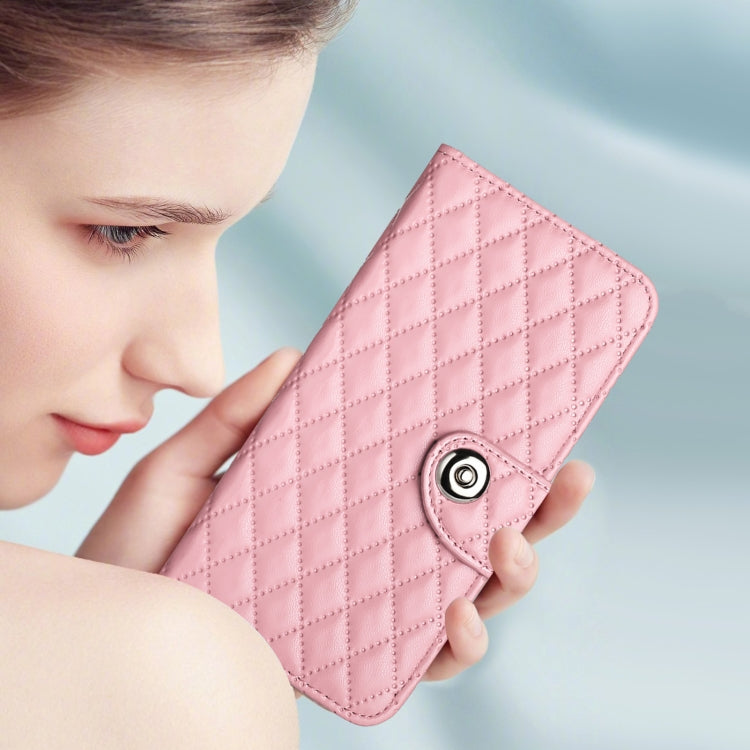 For Redmi K70 Ultra 5G Global Rhombic Texture Flip Leather Phone Case with Lanyard(Pink)