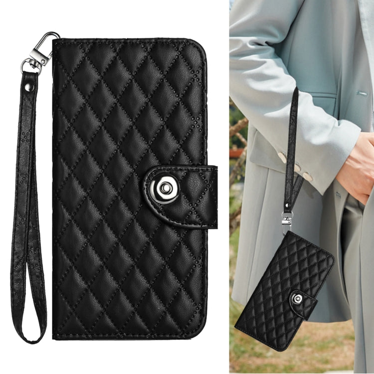 For Redmi K70 Ultra 5G Global Rhombic Texture Flip Leather Phone Case with Lanyard(Black)