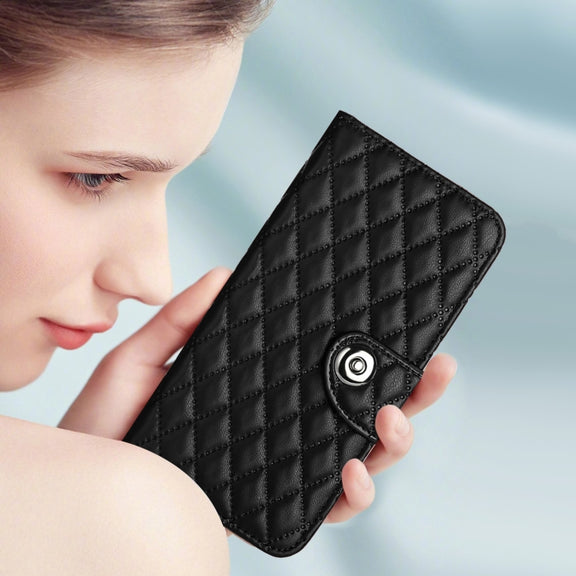 For Redmi K70 Ultra 5G Global Rhombic Texture Flip Leather Phone Case with Lanyard(Black)