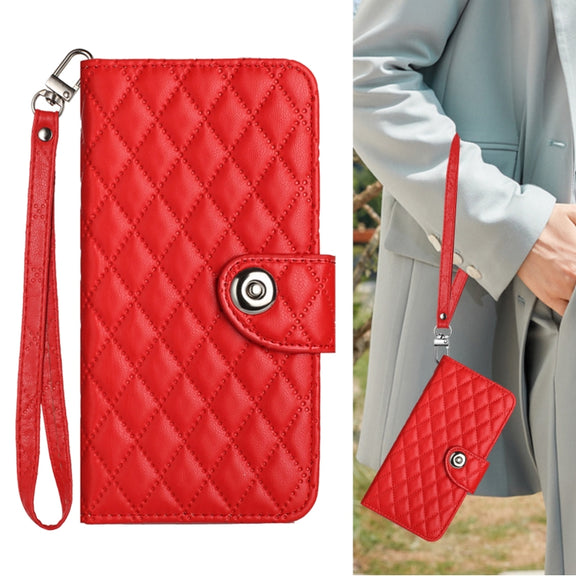 For Redmi K70 Ultra 5G Global Rhombic Texture Flip Leather Phone Case with Lanyard(Red)