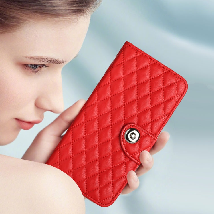For Redmi K70 Ultra 5G Global Rhombic Texture Flip Leather Phone Case with Lanyard(Red)