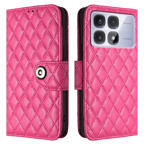 For Redmi K70 Ultra 5G Global Rhombic Texture Flip Leather Phone Case with Lanyard(Rose Red)