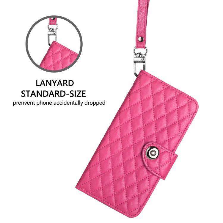 For Redmi K70 Ultra 5G Global Rhombic Texture Flip Leather Phone Case with Lanyard(Rose Red)