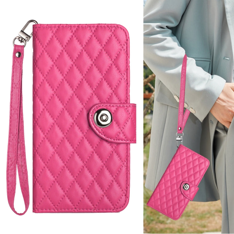 For Redmi K70 Ultra 5G Global Rhombic Texture Flip Leather Phone Case with Lanyard(Rose Red)