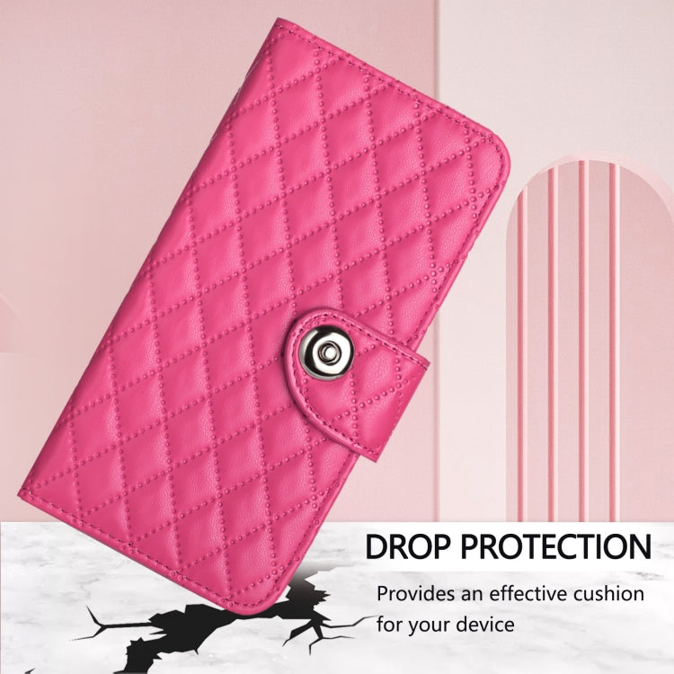 For Redmi K70 Ultra 5G Global Rhombic Texture Flip Leather Phone Case with Lanyard(Rose Red)