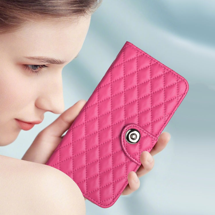 For Redmi K70 Ultra 5G Global Rhombic Texture Flip Leather Phone Case with Lanyard(Rose Red)