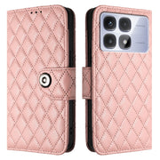 For Redmi K70 Ultra 5G Global Rhombic Texture Flip Leather Phone Case with Lanyard(Coral Pink)