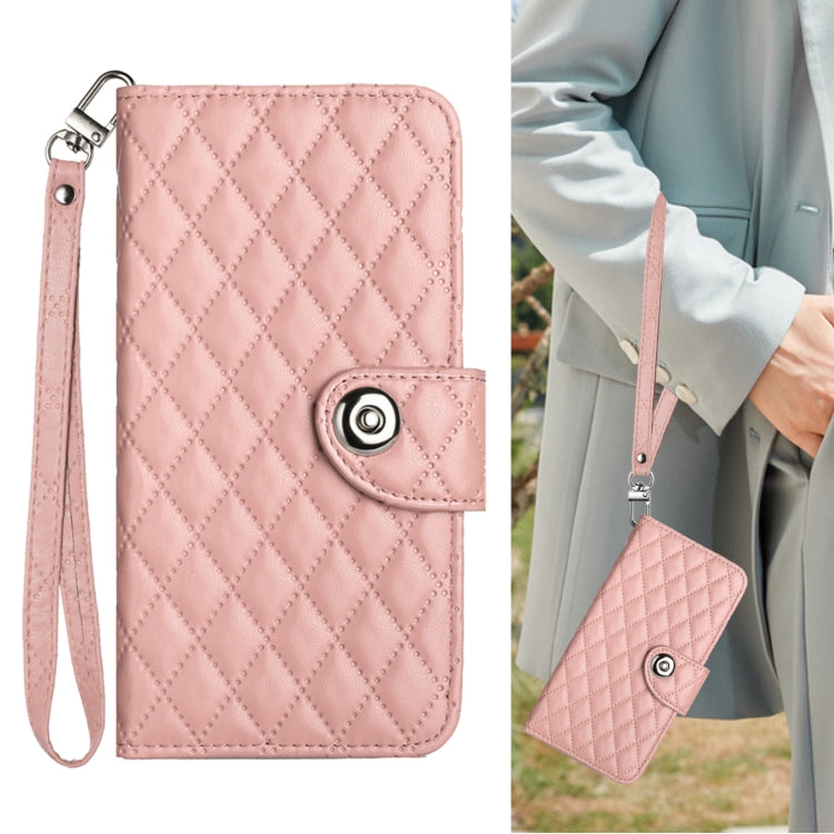 For Redmi K70 Ultra 5G Global Rhombic Texture Flip Leather Phone Case with Lanyard(Coral Pink)