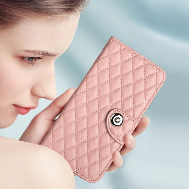 For Redmi K70 Ultra 5G Global Rhombic Texture Flip Leather Phone Case with Lanyard(Coral Pink)