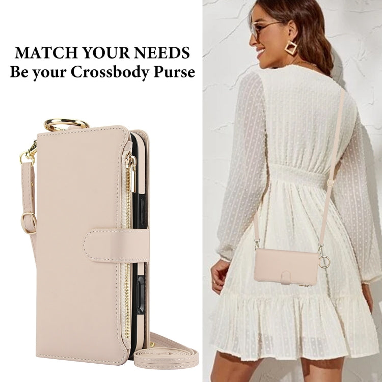 For iPhone 16 Pro Max Crossbody Ring Multifunctional Wallet Leather Phone Case(White)
