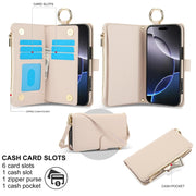 For iPhone 16 Pro Max Crossbody Ring Multifunctional Wallet Leather Phone Case(White)