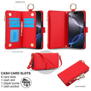 For iPhone 16 Pro Max Crossbody Ring Multifunctional Wallet Leather Phone Case(Red)