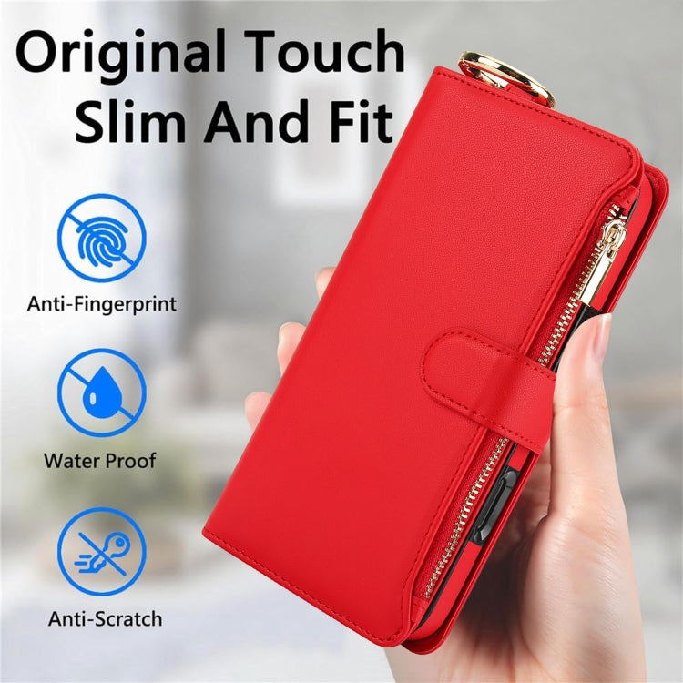 For iPhone 16 Pro Max Crossbody Ring Multifunctional Wallet Leather Phone Case(Red)