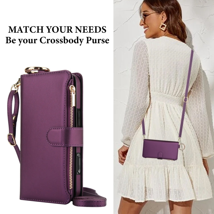 For iPhone 16 Pro Max Crossbody Ring Multifunctional Wallet Leather Phone Case(Dark Purple)