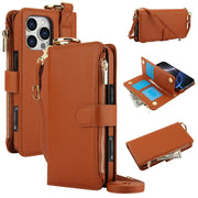 For iPhone 16 Pro Max Crossbody Ring Multifunctional Wallet Leather Phone Case(Brown)