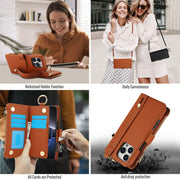 For iPhone 16 Pro Max Crossbody Ring Multifunctional Wallet Leather Phone Case(Brown)
