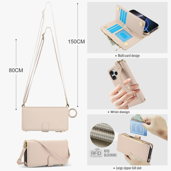 For iPhone 16 Pro Crossbody Ring Multifunctional Wallet Leather Phone Case(White)