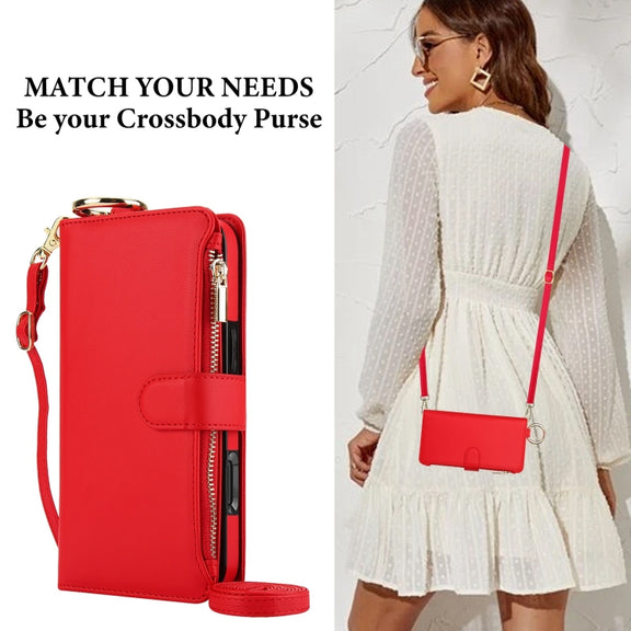 For iPhone 16 Pro Crossbody Ring Multifunctional Wallet Leather Phone Case(Red)