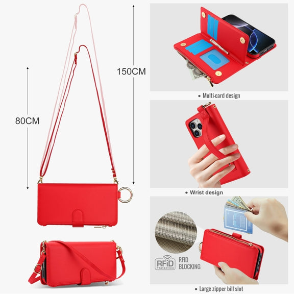 For iPhone 16 Pro Crossbody Ring Multifunctional Wallet Leather Phone Case(Red)