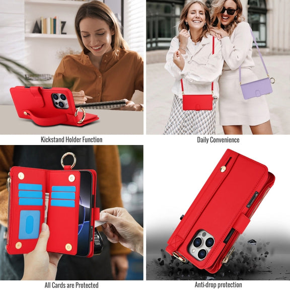 For iPhone 16 Pro Crossbody Ring Multifunctional Wallet Leather Phone Case(Red)