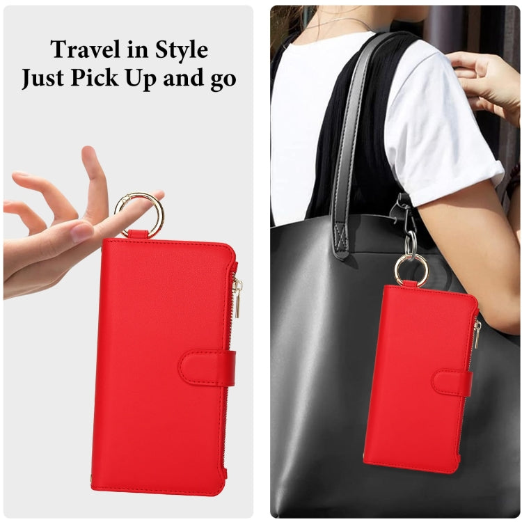 For iPhone 16 Pro Crossbody Ring Multifunctional Wallet Leather Phone Case(Red)