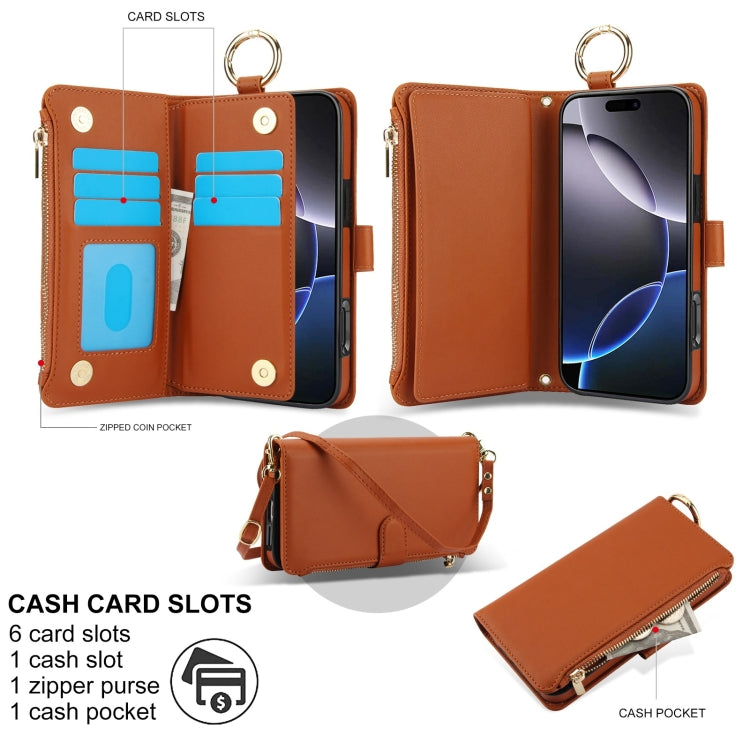 For iPhone 16 Pro Crossbody Ring Multifunctional Wallet Leather Phone Case(Brown)