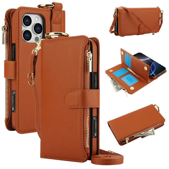 For iPhone 16 Pro Crossbody Ring Multifunctional Wallet Leather Phone Case(Brown)