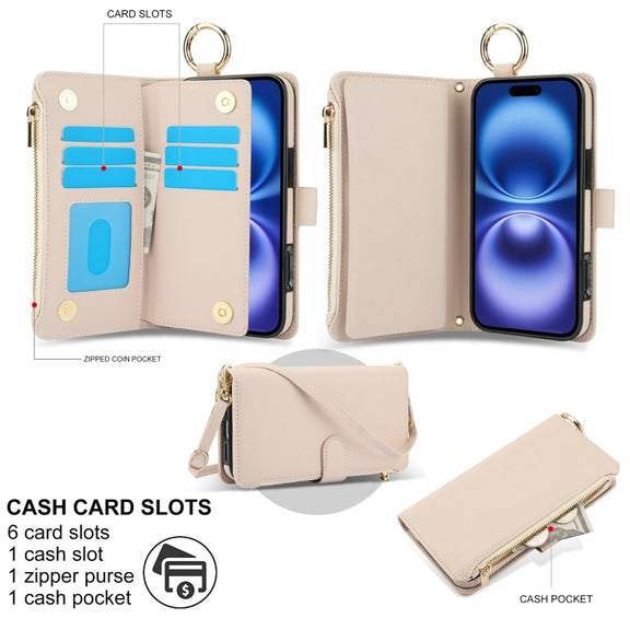 For iPhone 16 Plus Crossbody Ring Multifunctional Wallet Leather Phone Case(White)