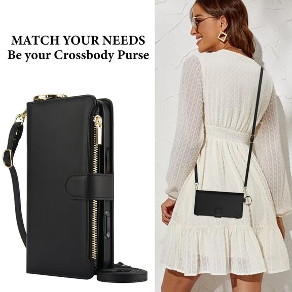 For iPhone 16 Plus Crossbody Ring Multifunctional Wallet Leather Phone Case(Black)