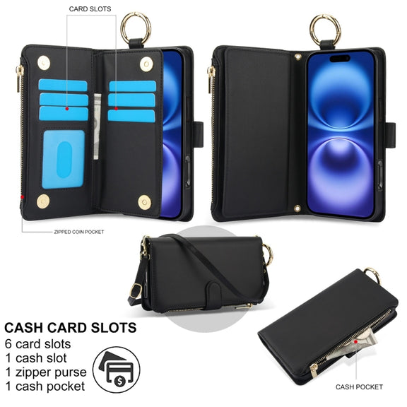 For iPhone 16 Plus Crossbody Ring Multifunctional Wallet Leather Phone Case(Black)