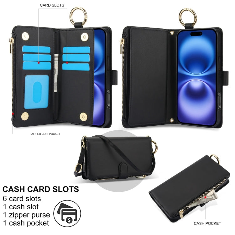 For iPhone 16 Plus Crossbody Ring Multifunctional Wallet Leather Phone Case(Black)