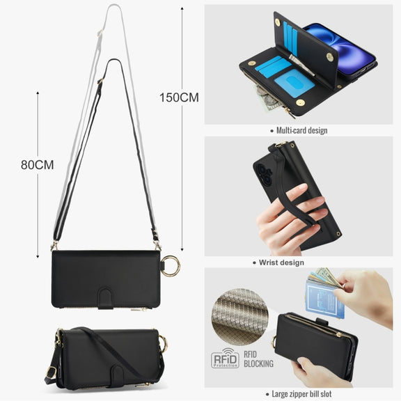 For iPhone 16 Plus Crossbody Ring Multifunctional Wallet Leather Phone Case(Black)