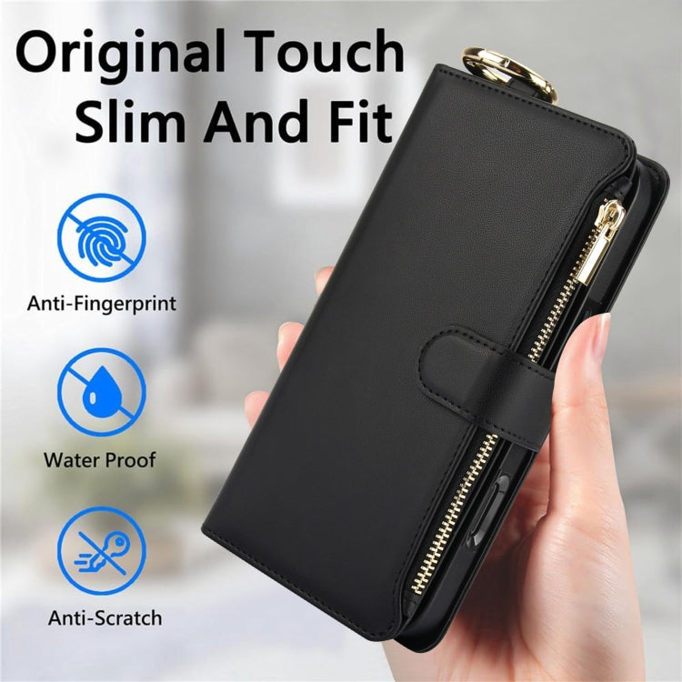 For iPhone 16 Plus Crossbody Ring Multifunctional Wallet Leather Phone Case(Black)