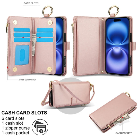 For iPhone 16 Plus Crossbody Ring Multifunctional Wallet Leather Phone Case(Rose Gold)