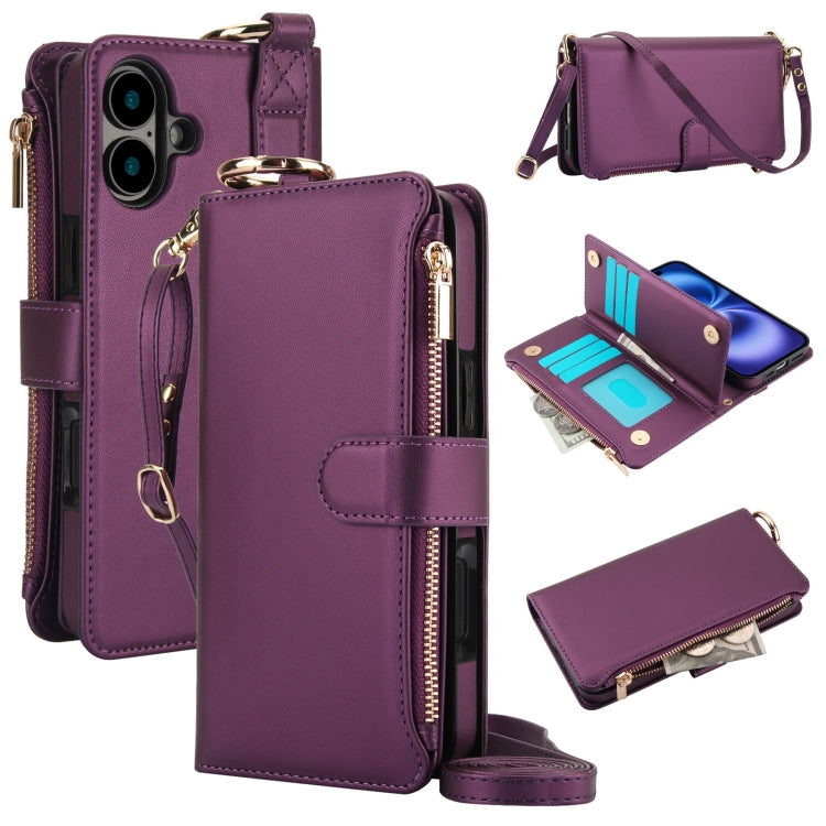 For iPhone 16 Plus Crossbody Ring Multifunctional Wallet Leather Phone Case(Dark Purple) - free shipping - PMC Jewellery - Order now!