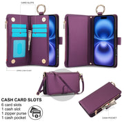 For iPhone 16 Plus Crossbody Ring Multifunctional Wallet Leather Phone Case(Dark Purple)